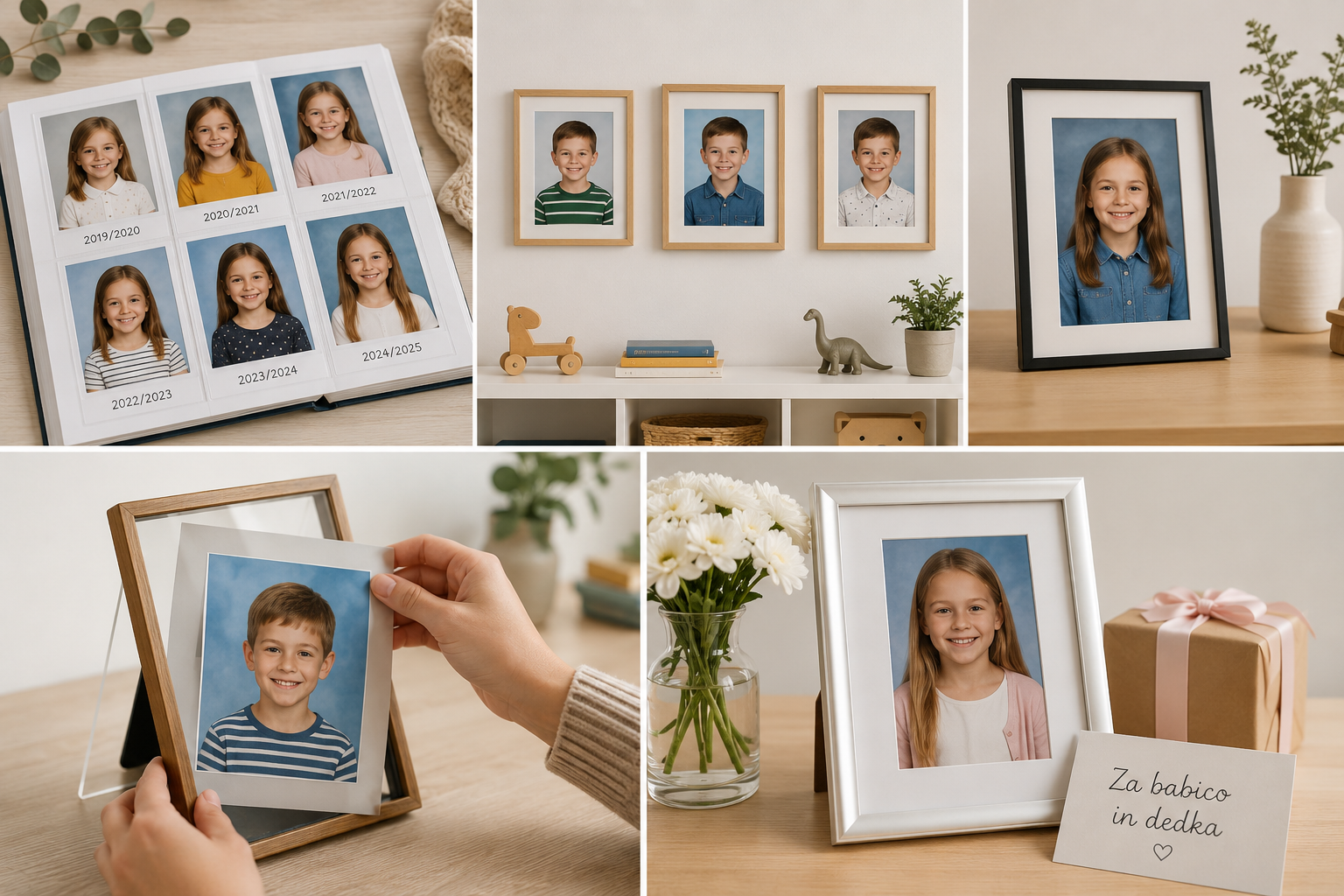 Kolaž večih šolskih fotografij na steni ali na mizi.